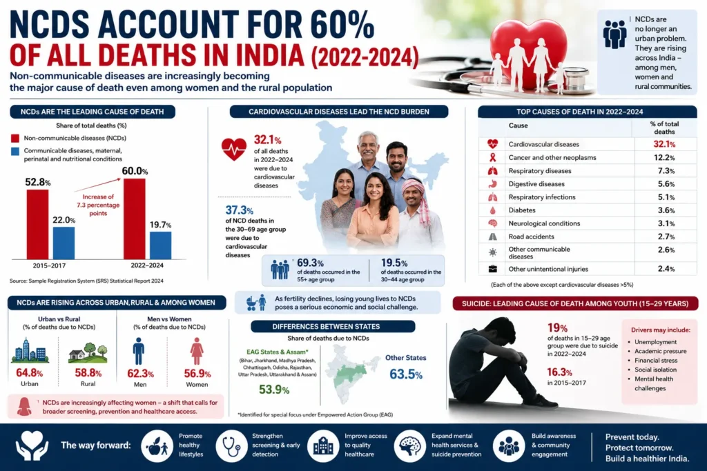 CLAT Current Affairs | NCDs Account for 60% of Deaths in India: A Growing Public Health Challenge Across Urban and Rural Communities